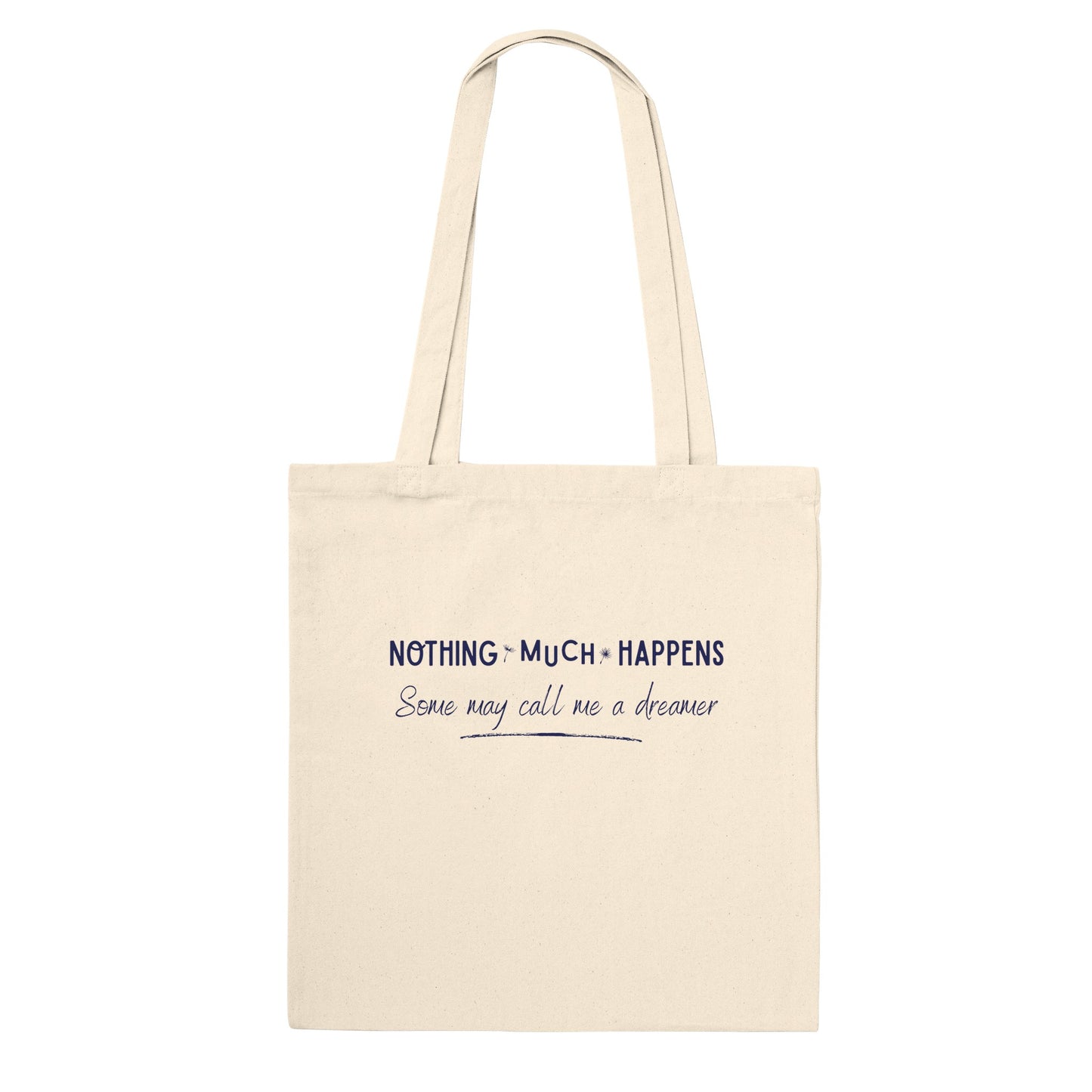 Beige tote bag with text on a white background