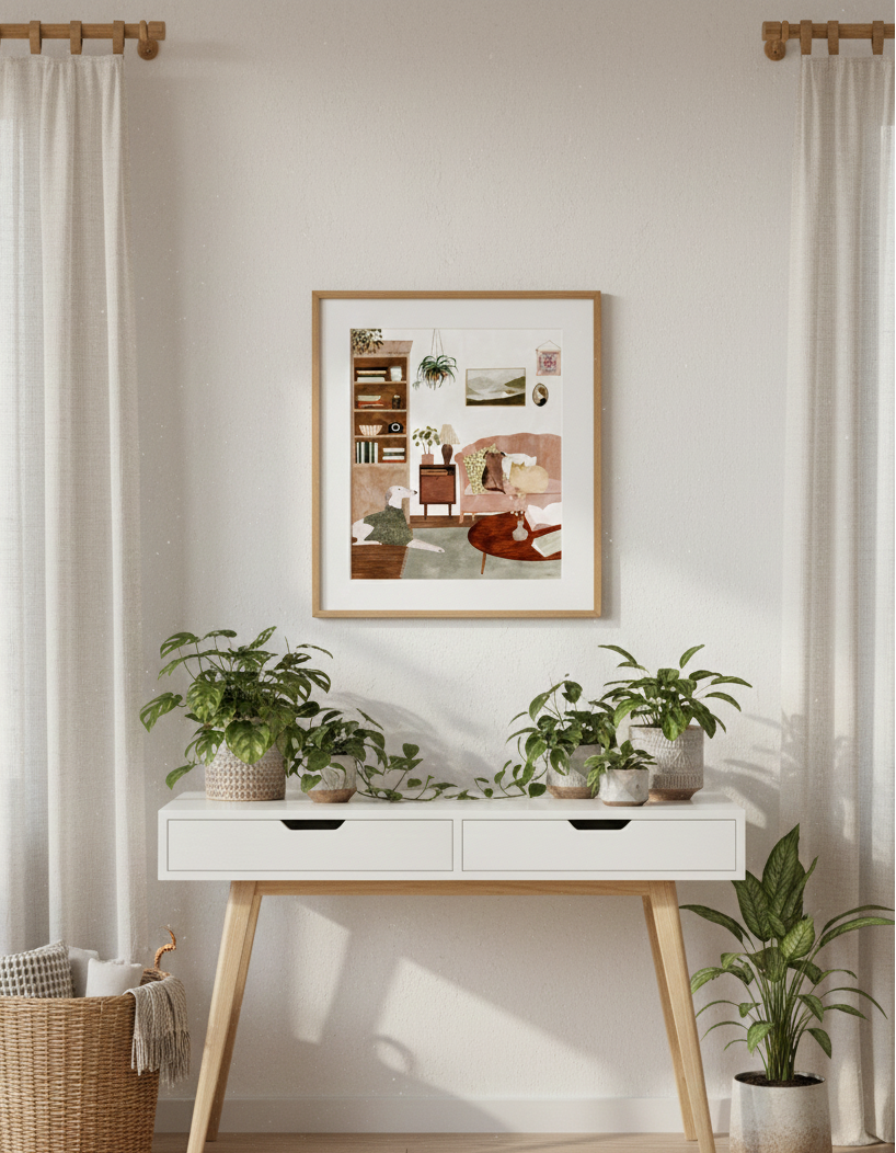 Home office with a white desk, plants, and framed artwork on a light wall.
