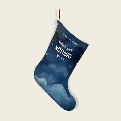 Blue stocking with cloud design and humorous text on a beige background