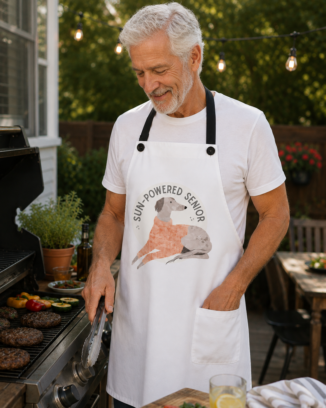 A smiling older man grilling outdoors on a barbecue while wearing a white apron with a cartoon dog graphic and the text 'SUN-POWERED SENIOR'.