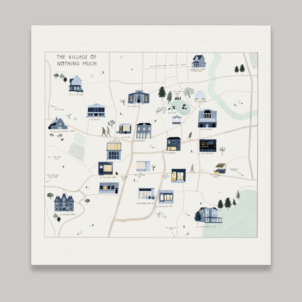 Illustrated map of a village with buildings and landmarks on a white background