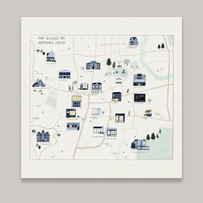Illustrated map of a village with buildings and landmarks on a white background