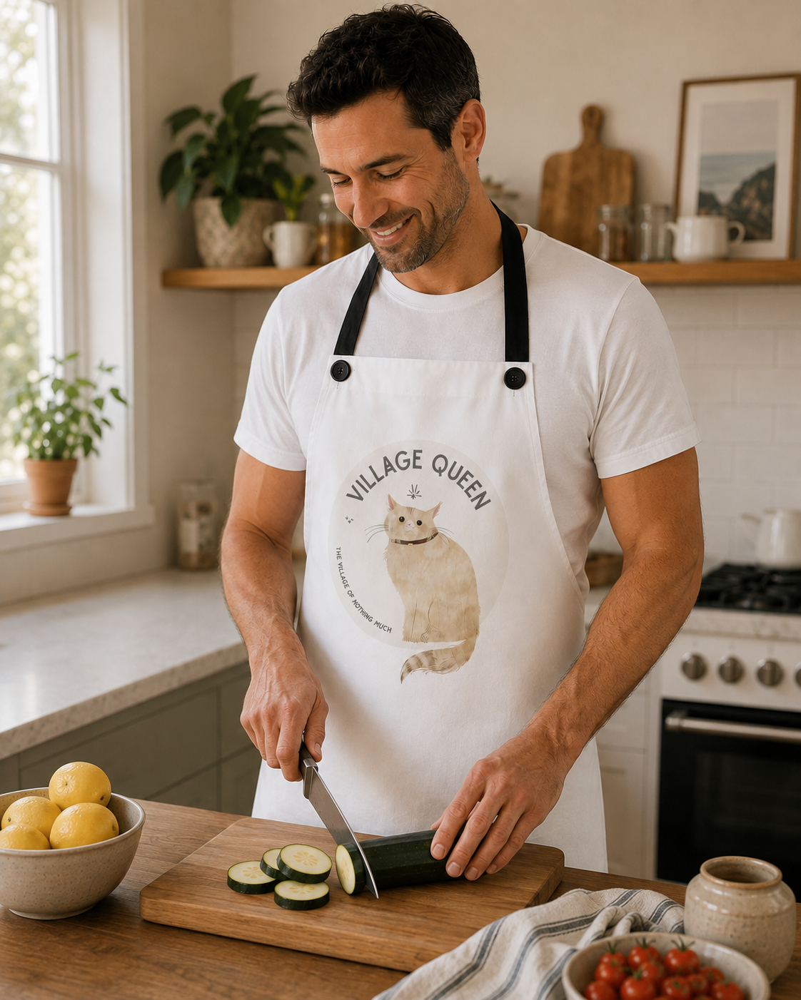 A man in a white t-shirt and a white apron with a cat illustration and the text 'VILLAGE QUEEN' is slicing a zucchini on a wooden cutting board in a bright kitchen.
