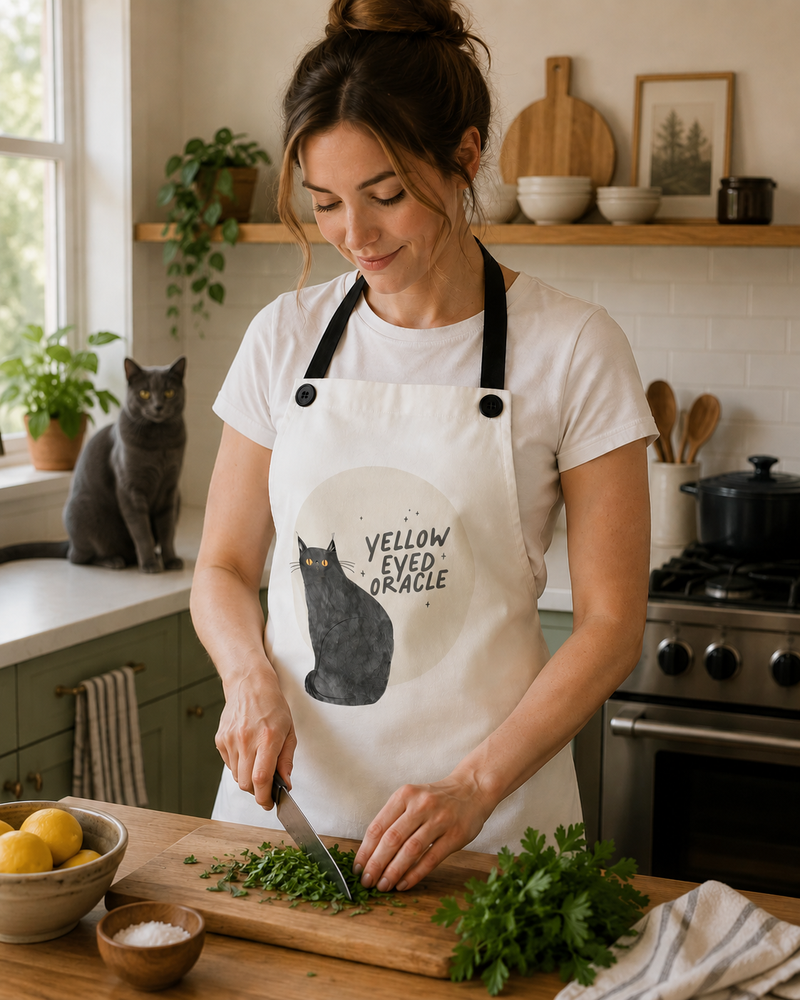 A woman in a kitchen wearing a white apron with a black cat illustration and the text 'YELLOW EYES ORACLE'. She is chopping parsley on a wooden cutting board next to a gray cat sitting on the kitchen counter.